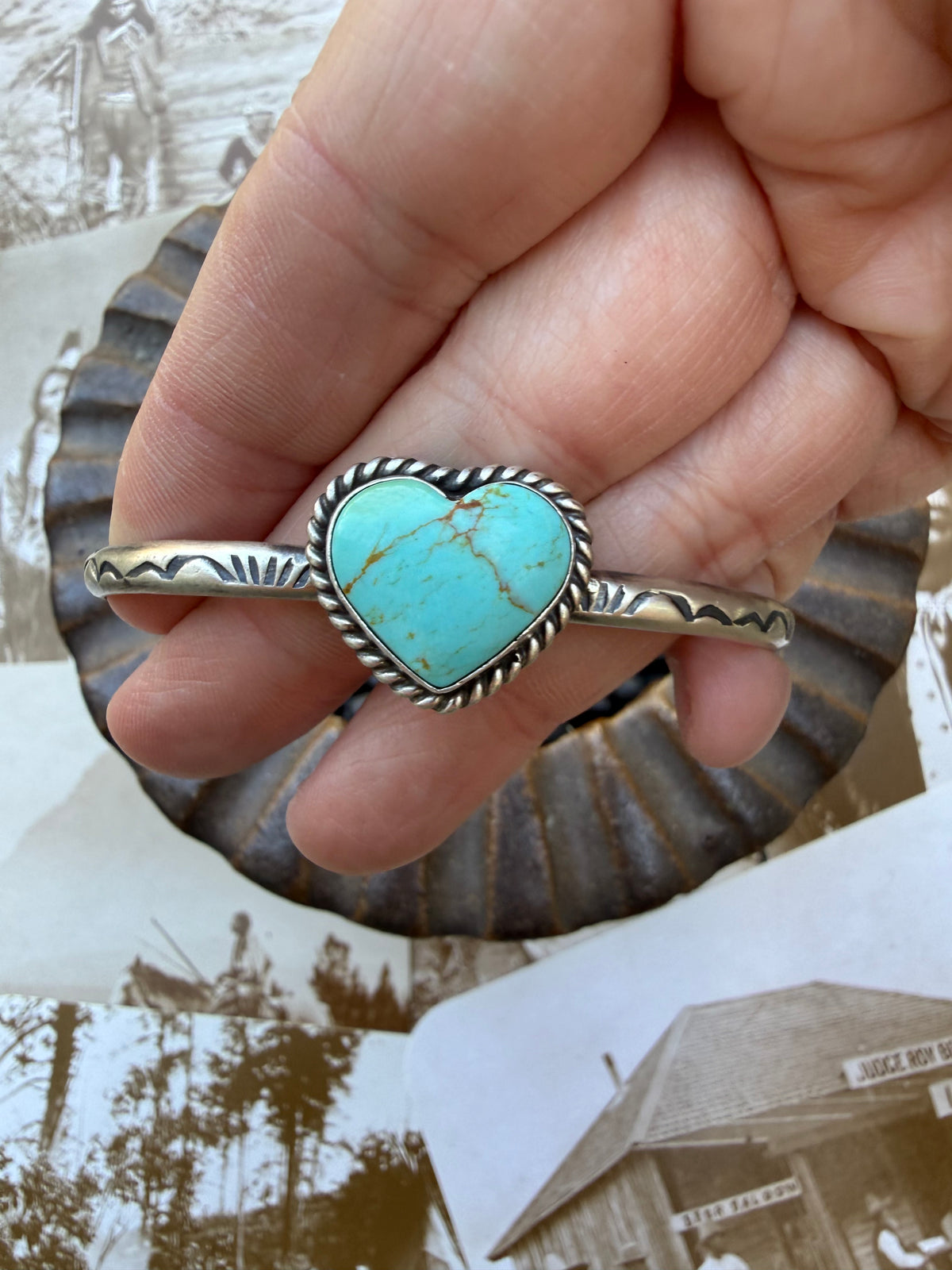 Turquoise Heart Handstamped Cuff