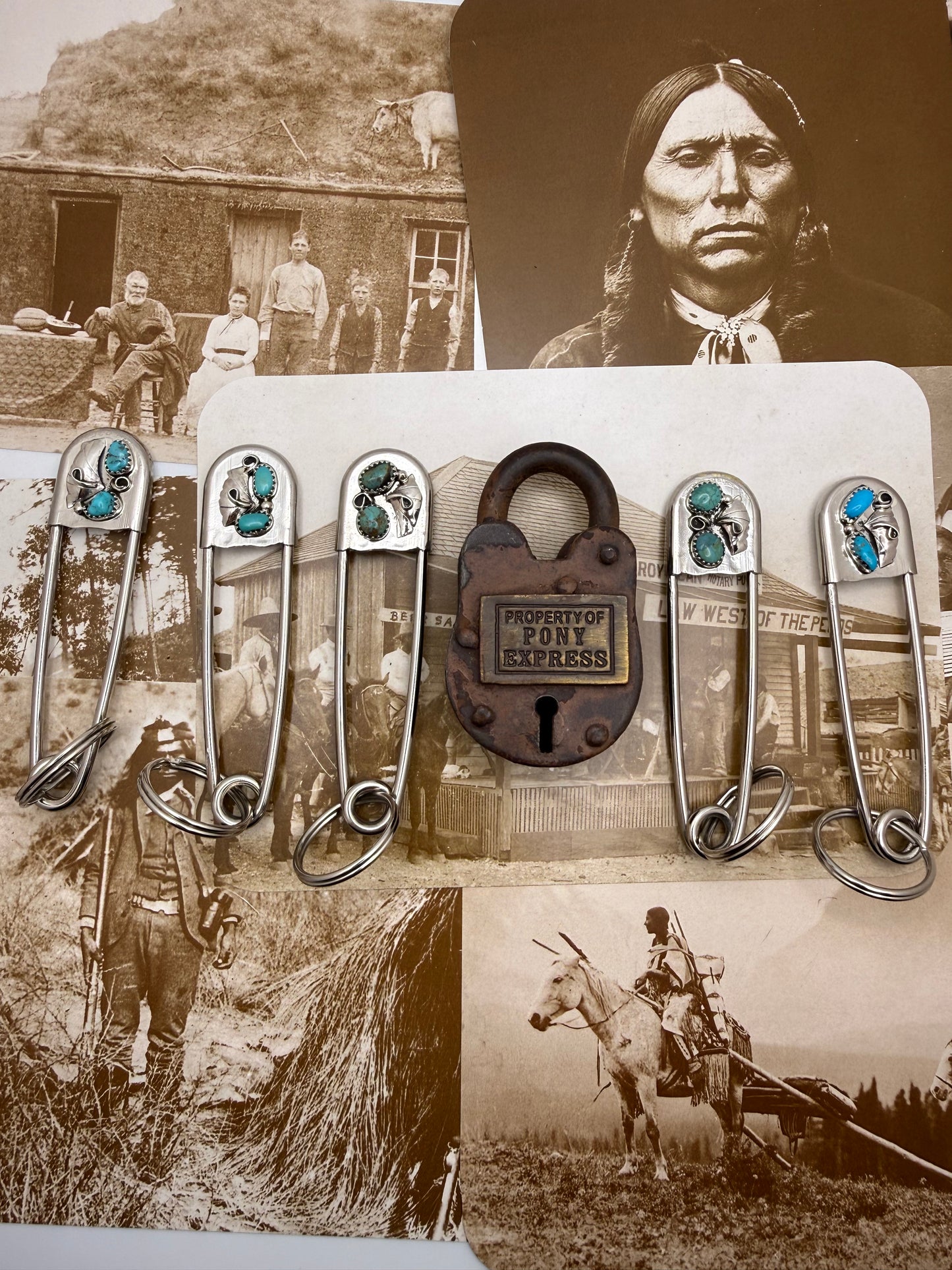 Vintage style Native American Turquoise large safety pin keychain