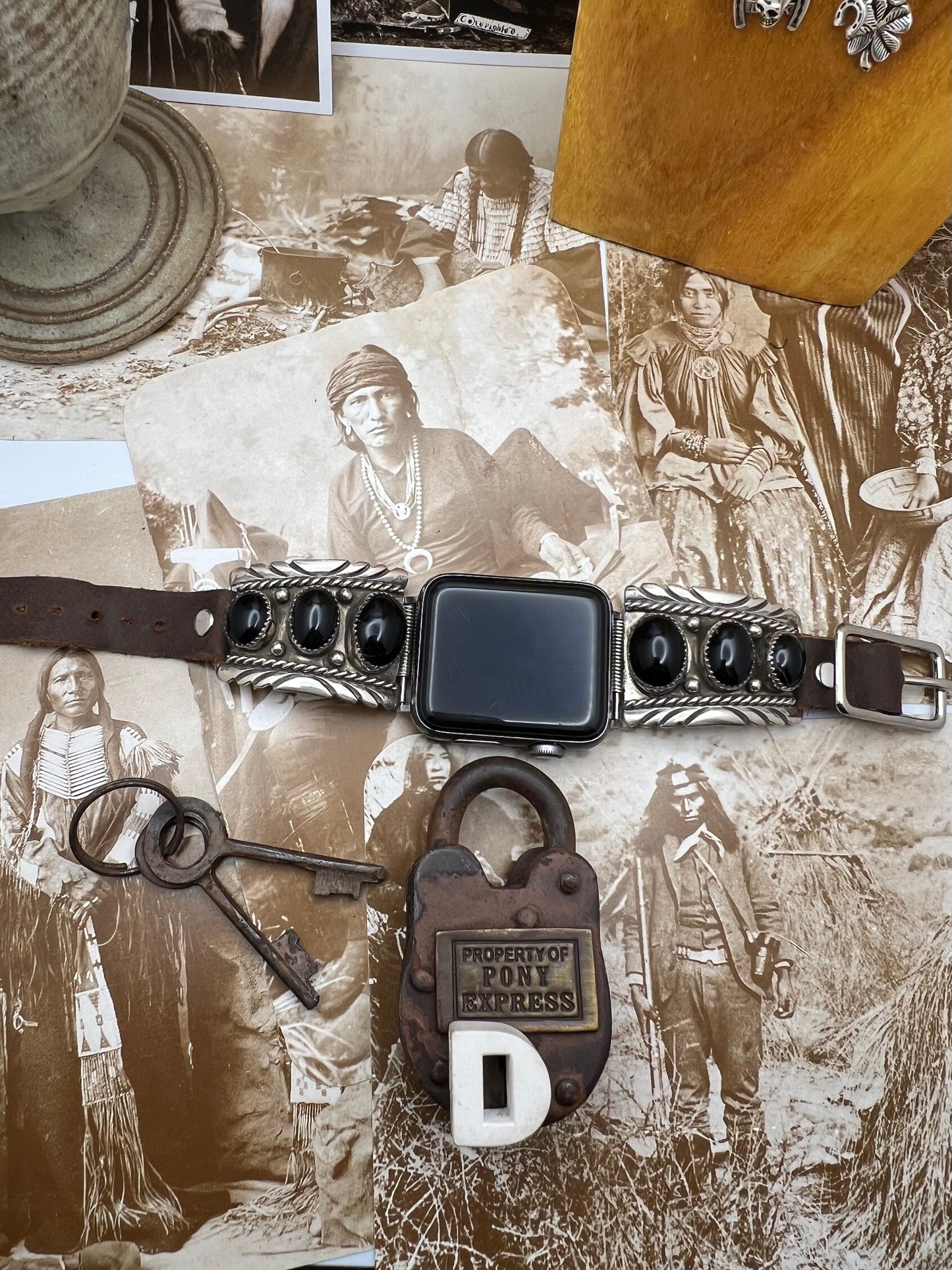 Native American Sterling Silver Watch Band with Black Onyx D