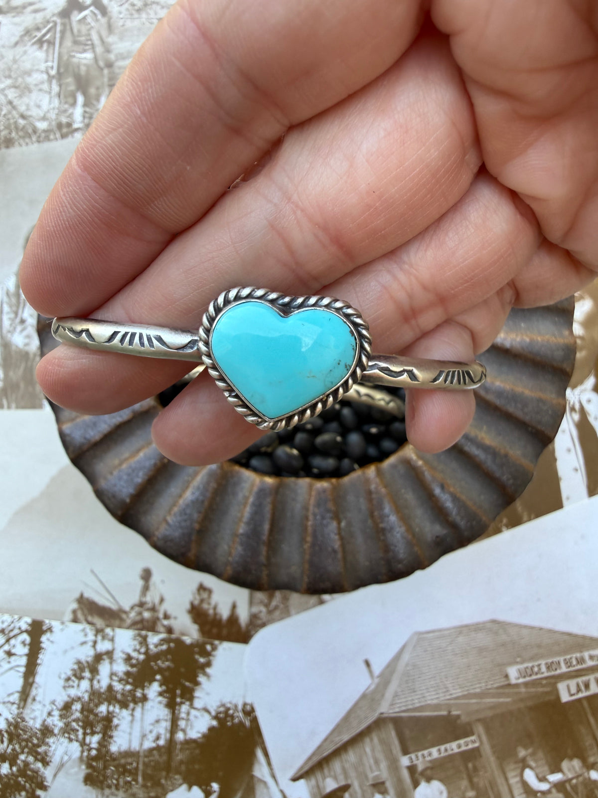Turquoise Heart Handstamped Cuff