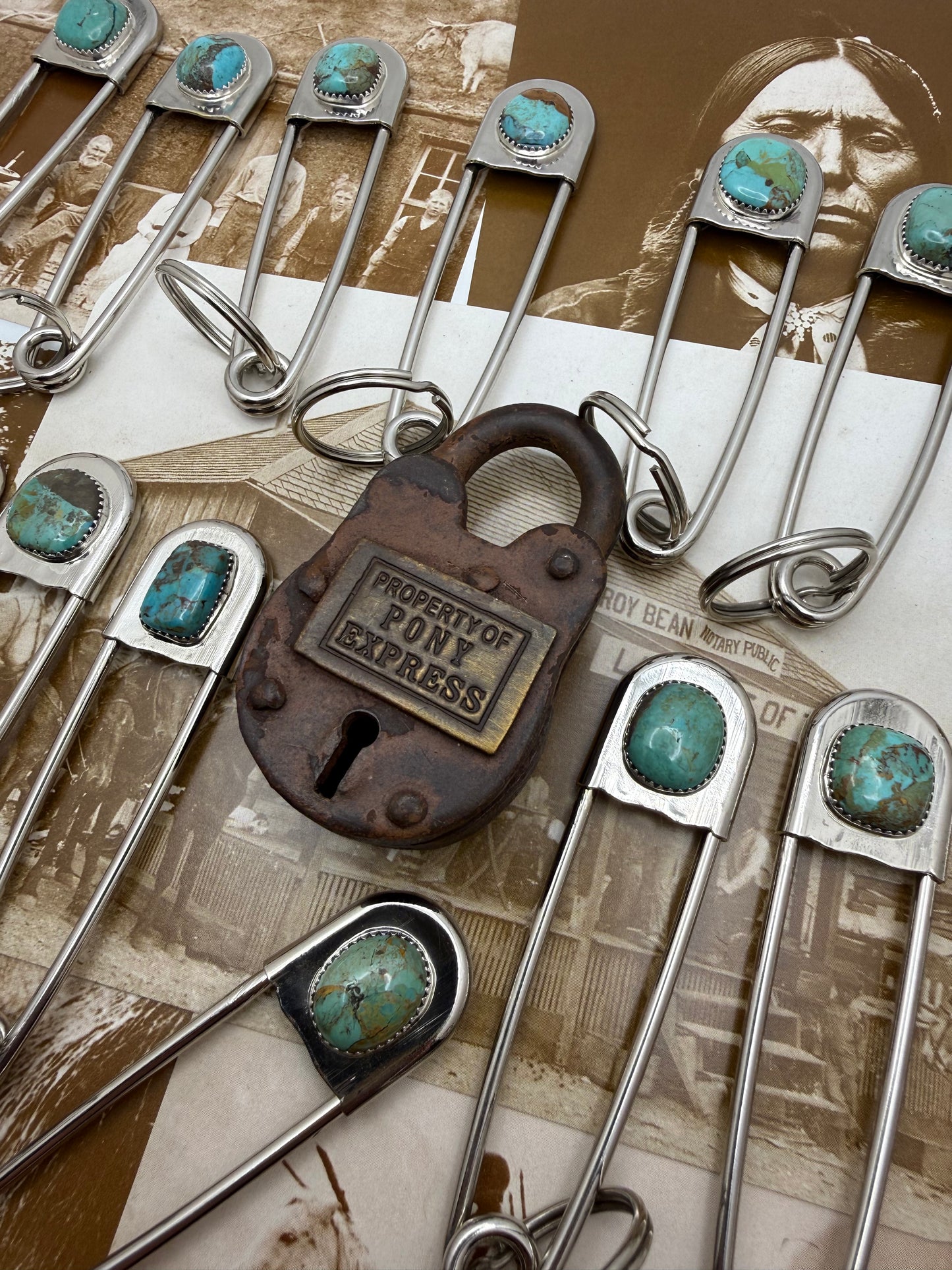 Vintage style Native American Turquoise large safety pin keychain