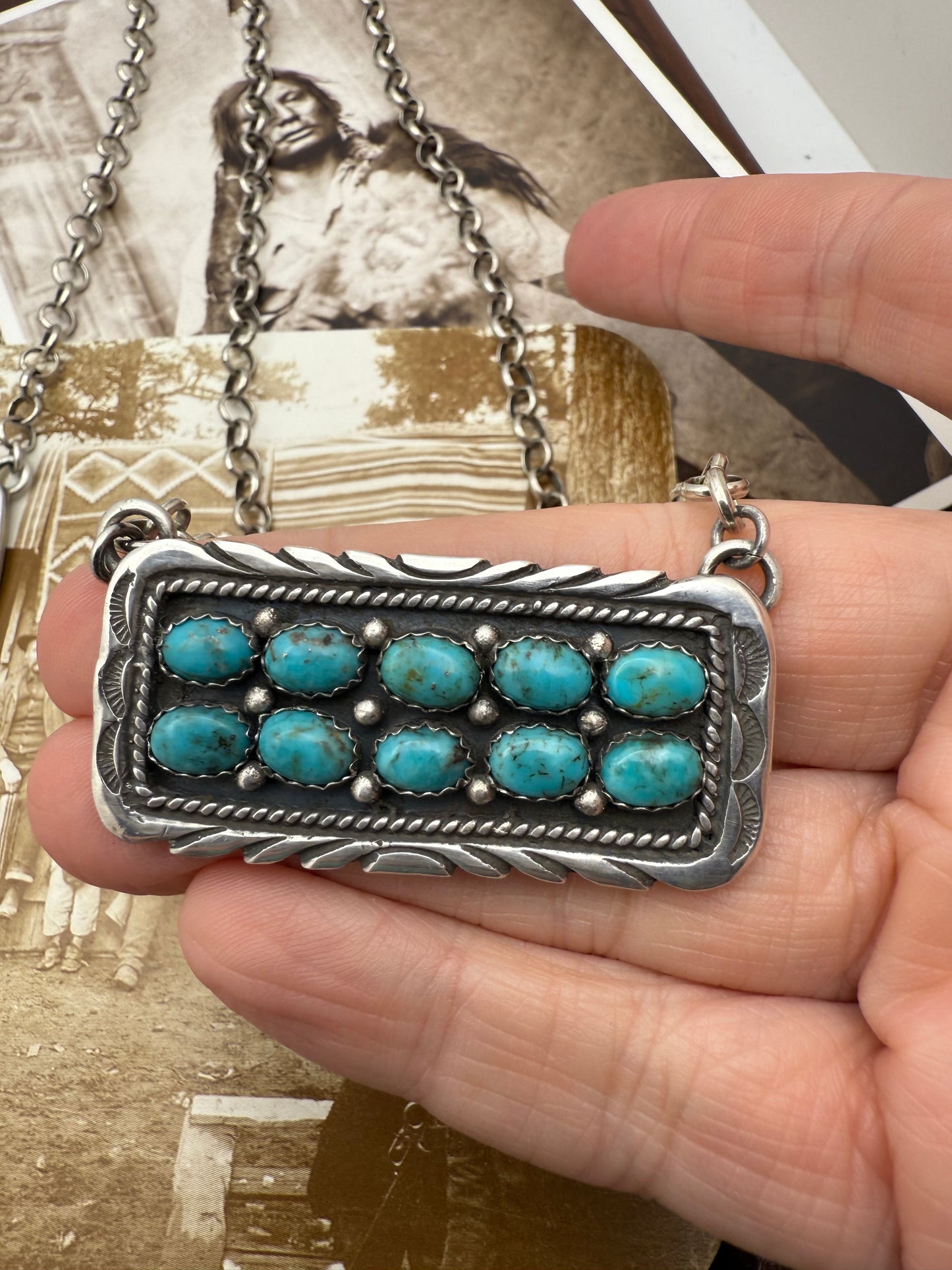 10 Stone Bar Necklace with heavy rollo chain