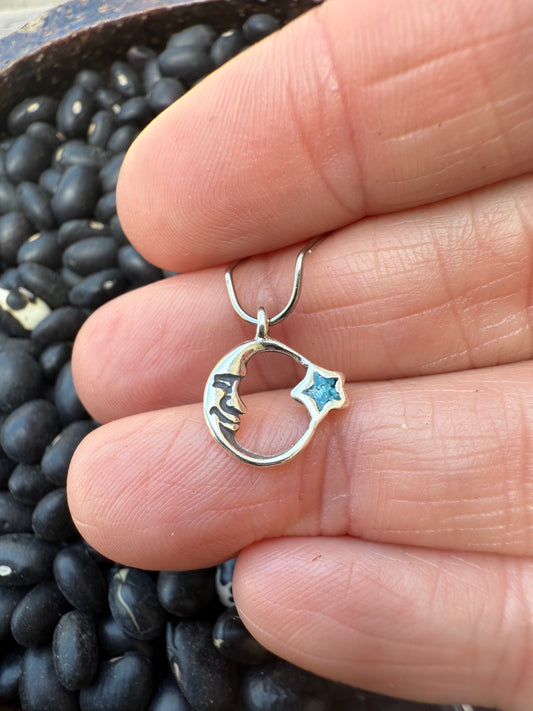 Moon with Turquoise Inlay Star Sterling Silver Charm