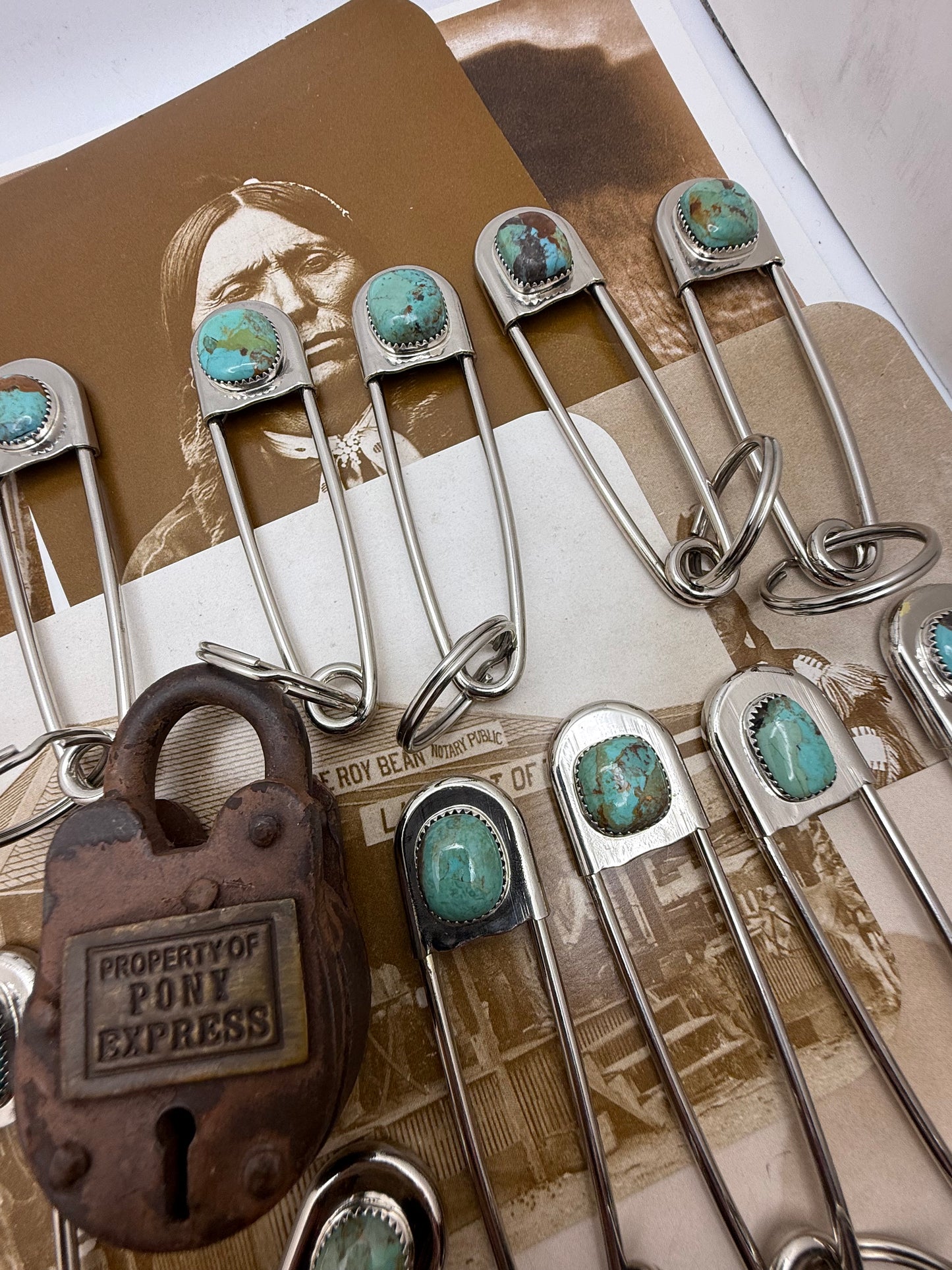 Vintage style Native American Turquoise large safety pin keychain