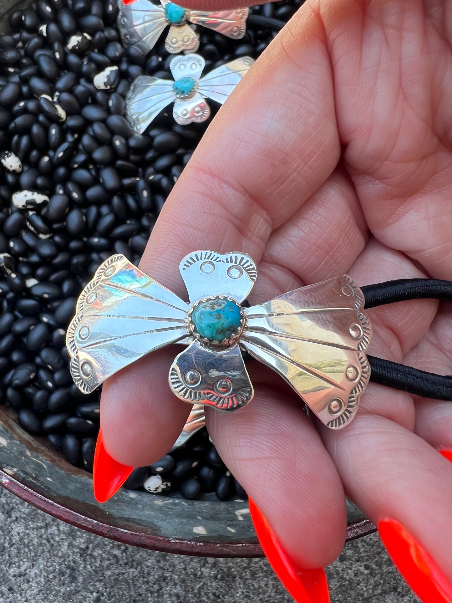 Sterling silver Bow hair tie with turquoise Style D