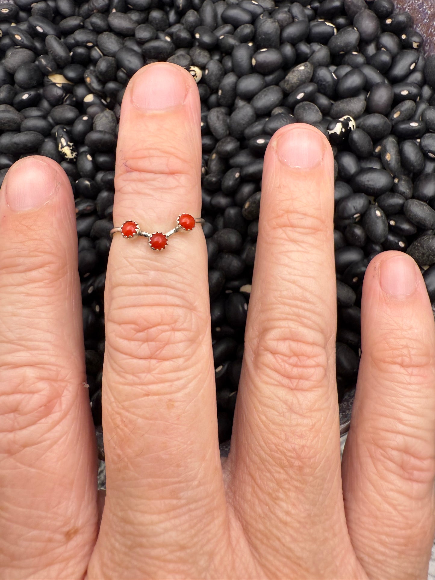 Coral 3 Stone Dainty Ring