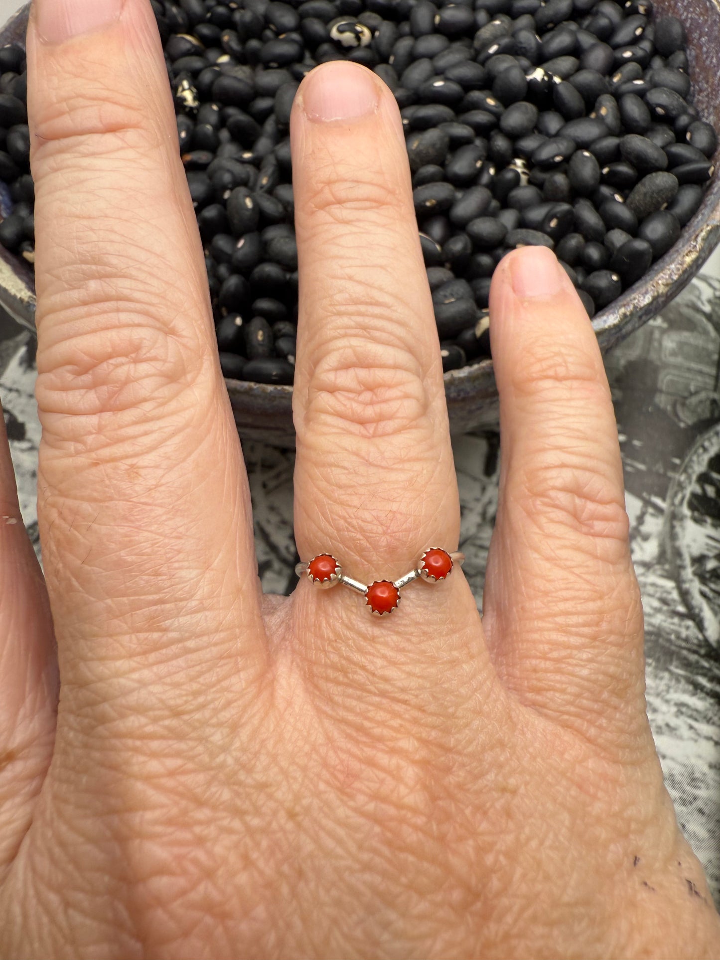 Coral 3 Stone Dainty Ring