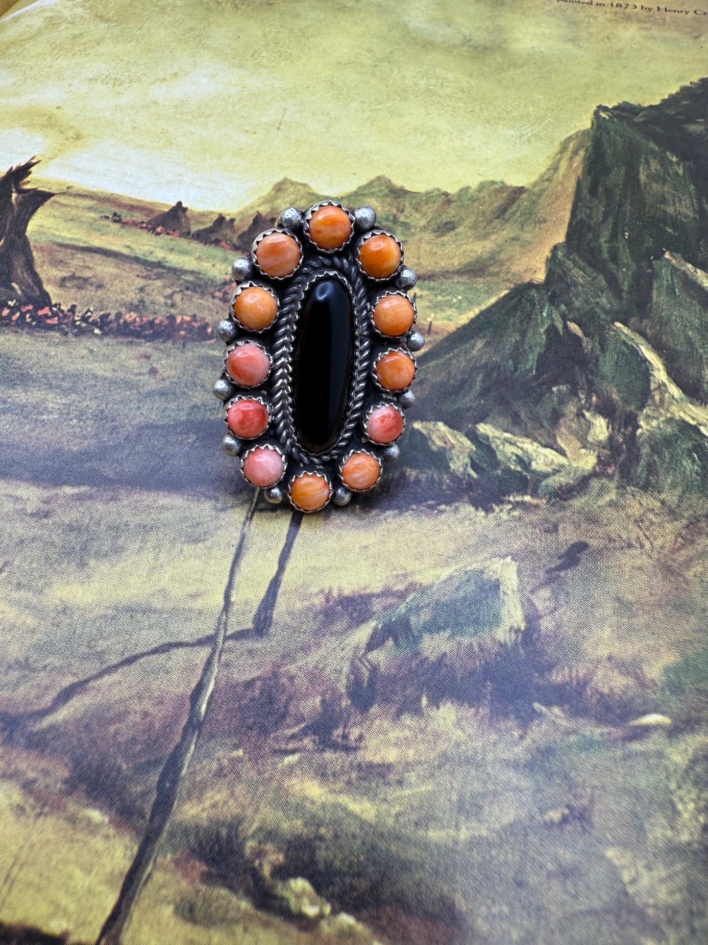 Orange Spiny and Black Onyx Ring size 9