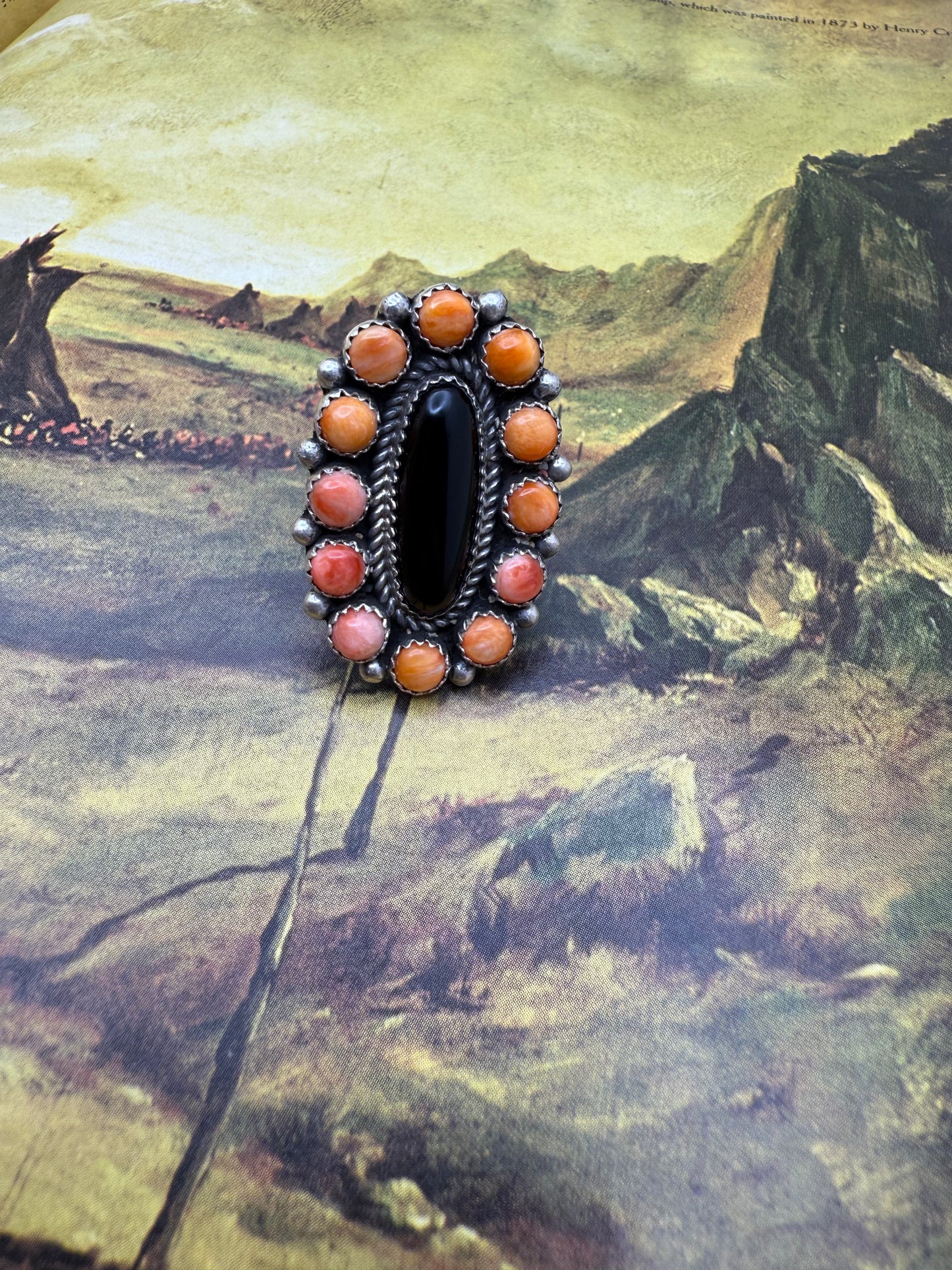 Orange Spiny and Black Onyx Ring size 9