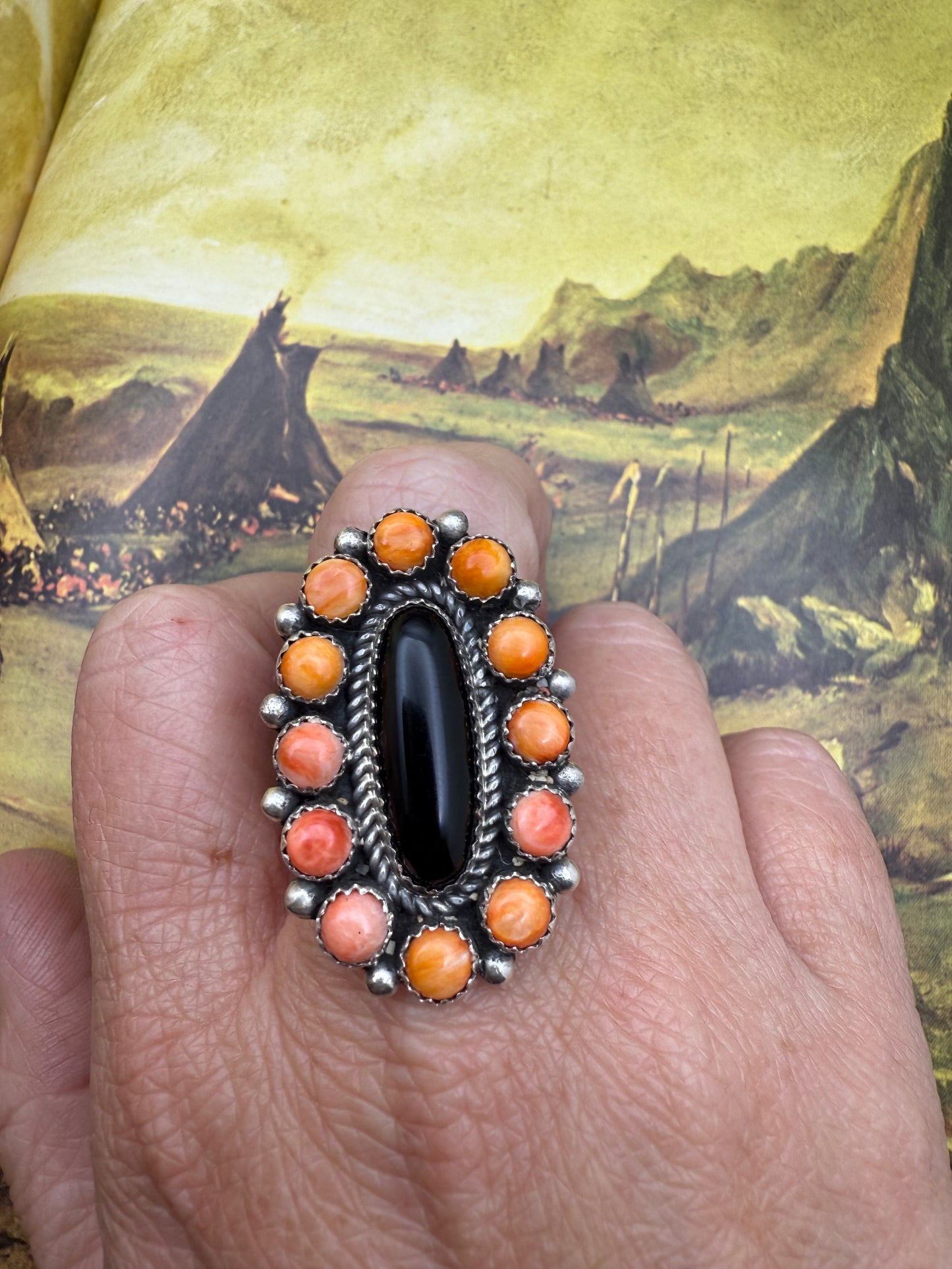 Orange Spiny and Black Onyx Ring size 9