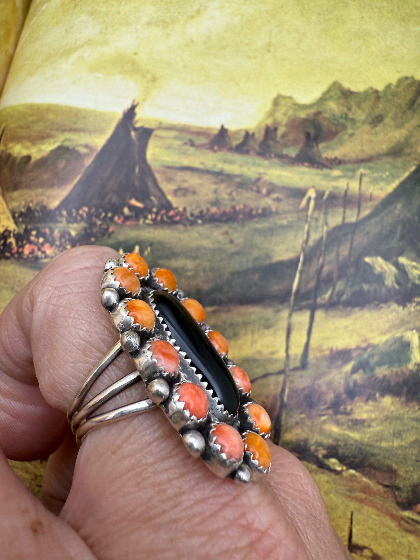 Orange Spiny and Black Onyx Ring size 9