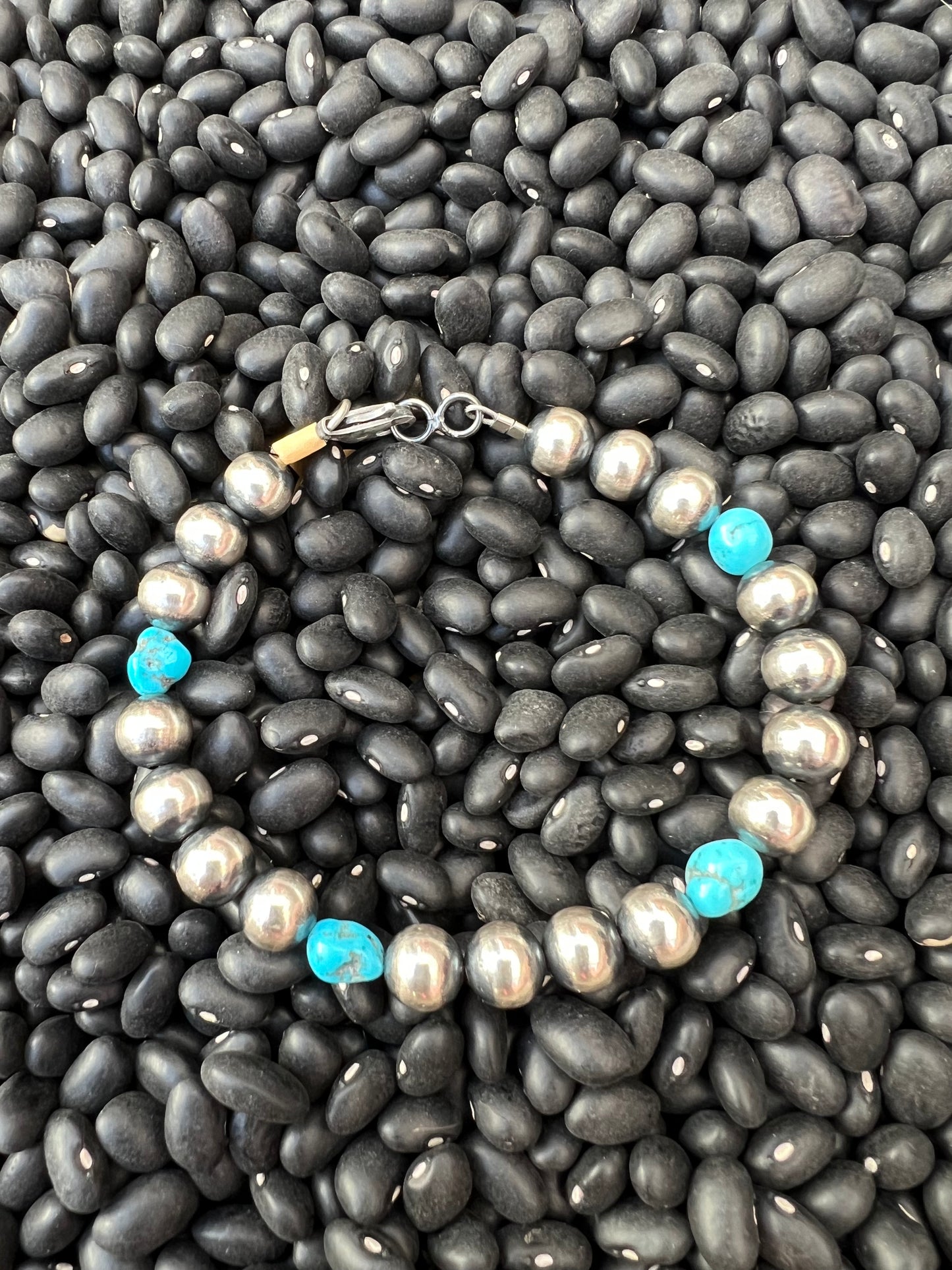 Large 8mm sterling silver pearls with turquoise nuggets necklace or bracelet