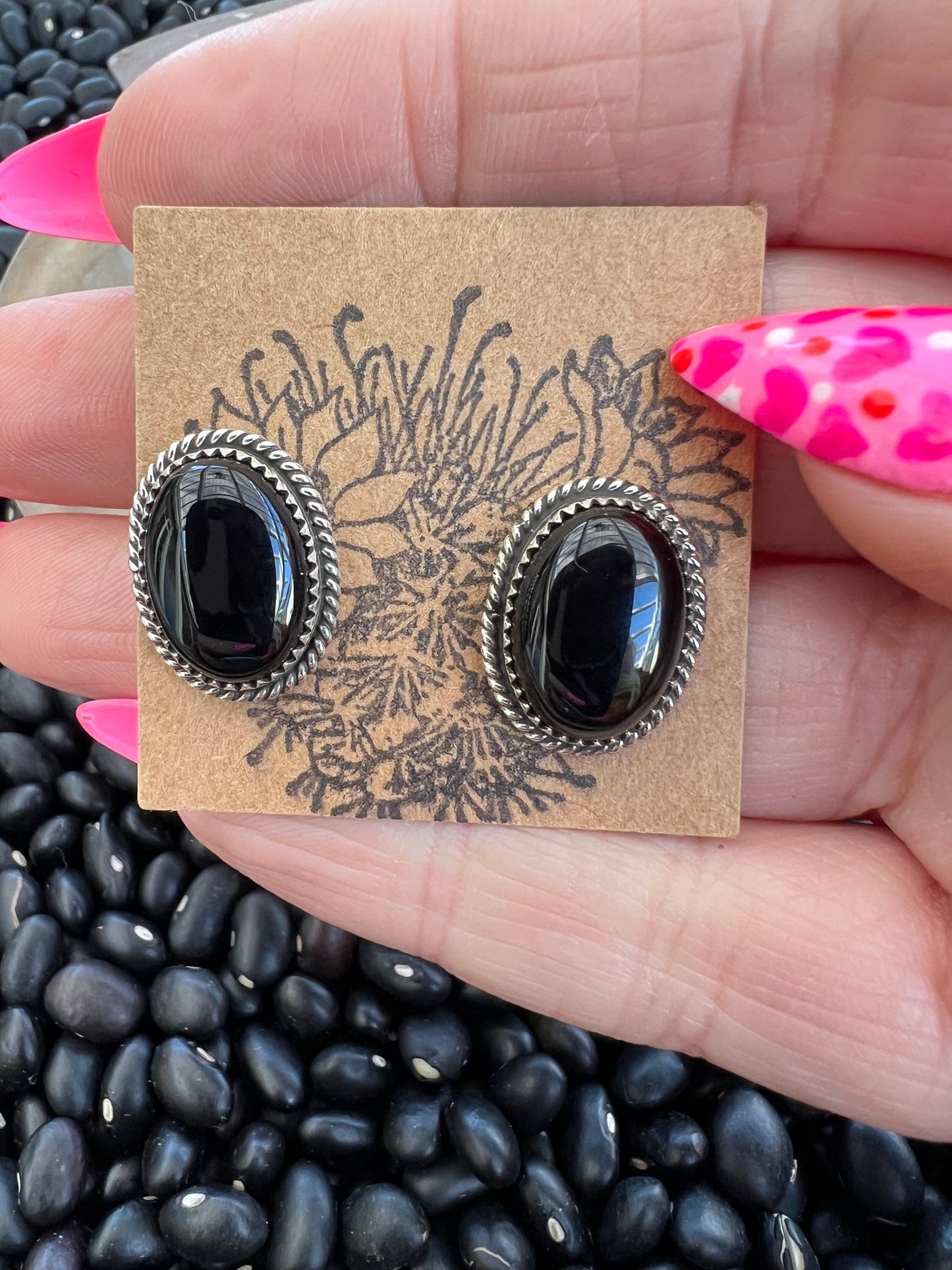 Black Onyx Studs with silver ball details