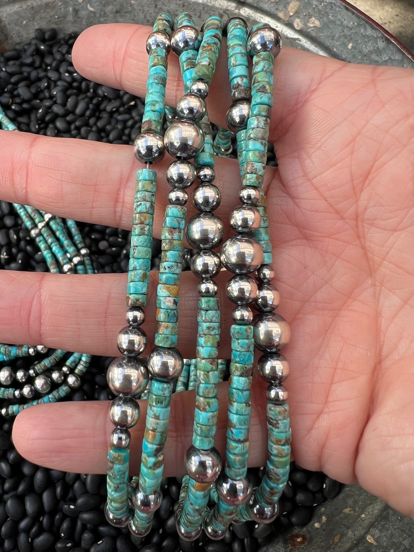 Sterling Silver Variegated Pearls with Turquoise Heshi  Necklace