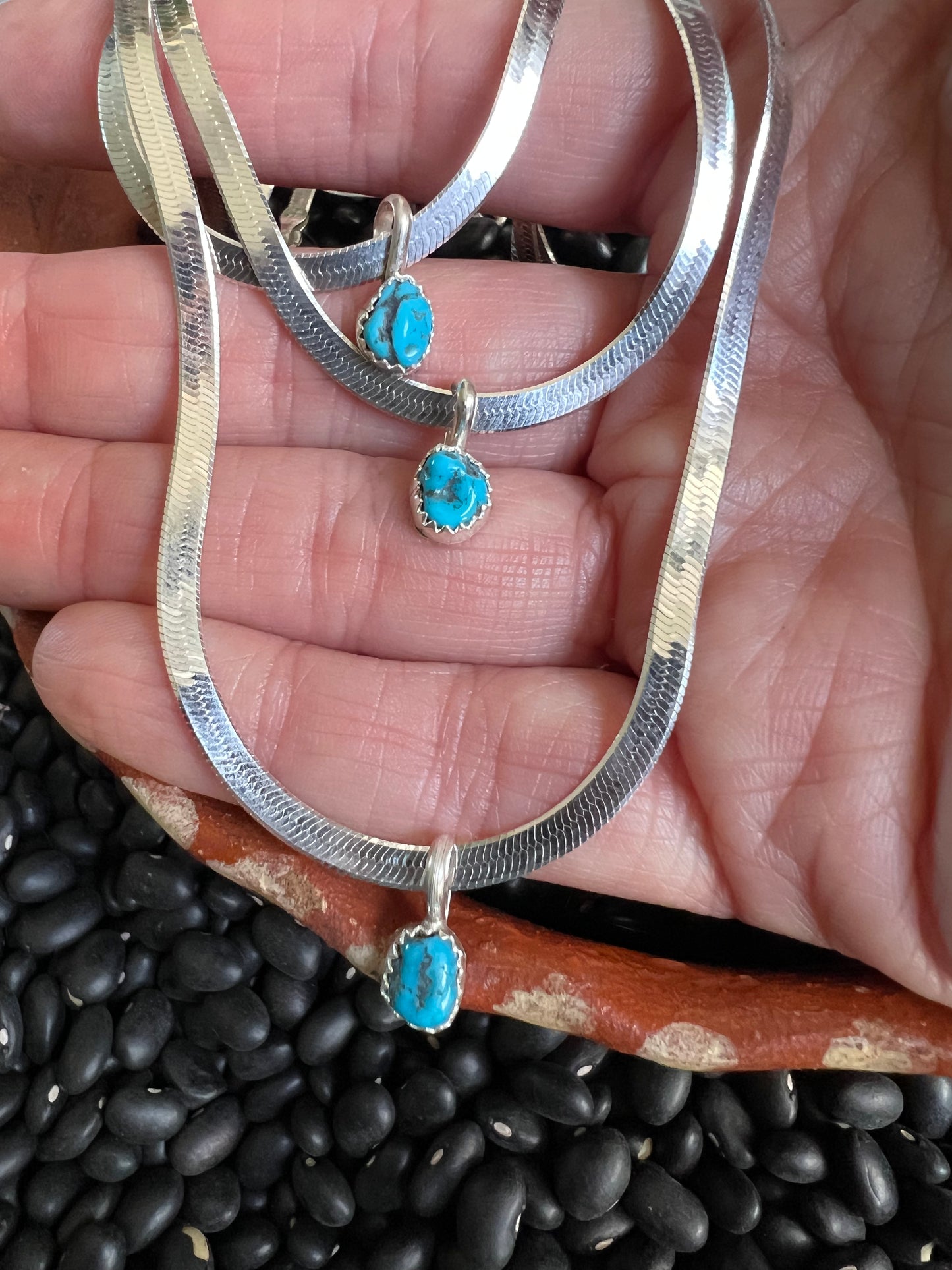Herringbone Sterling Silver Chain with Turquoise Pendant