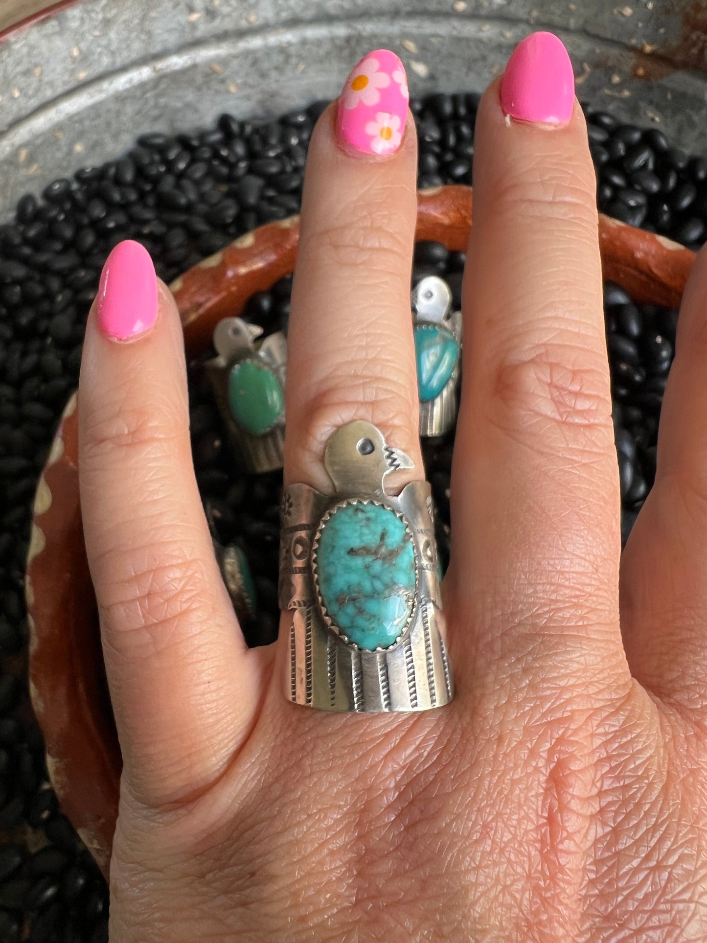 Hand stamped Turquoise thunderbird ring
