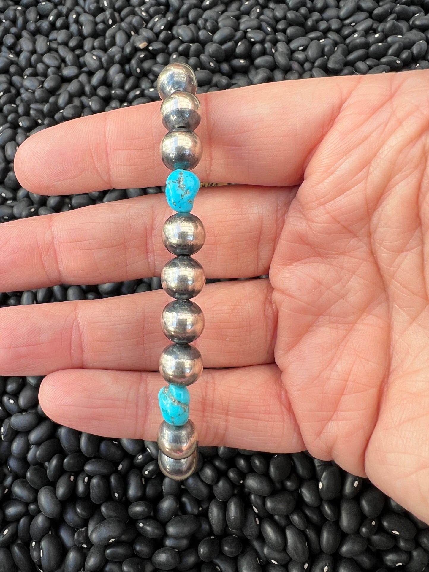 Large 8mm sterling silver pearls with turquoise nuggets necklace or bracelet
