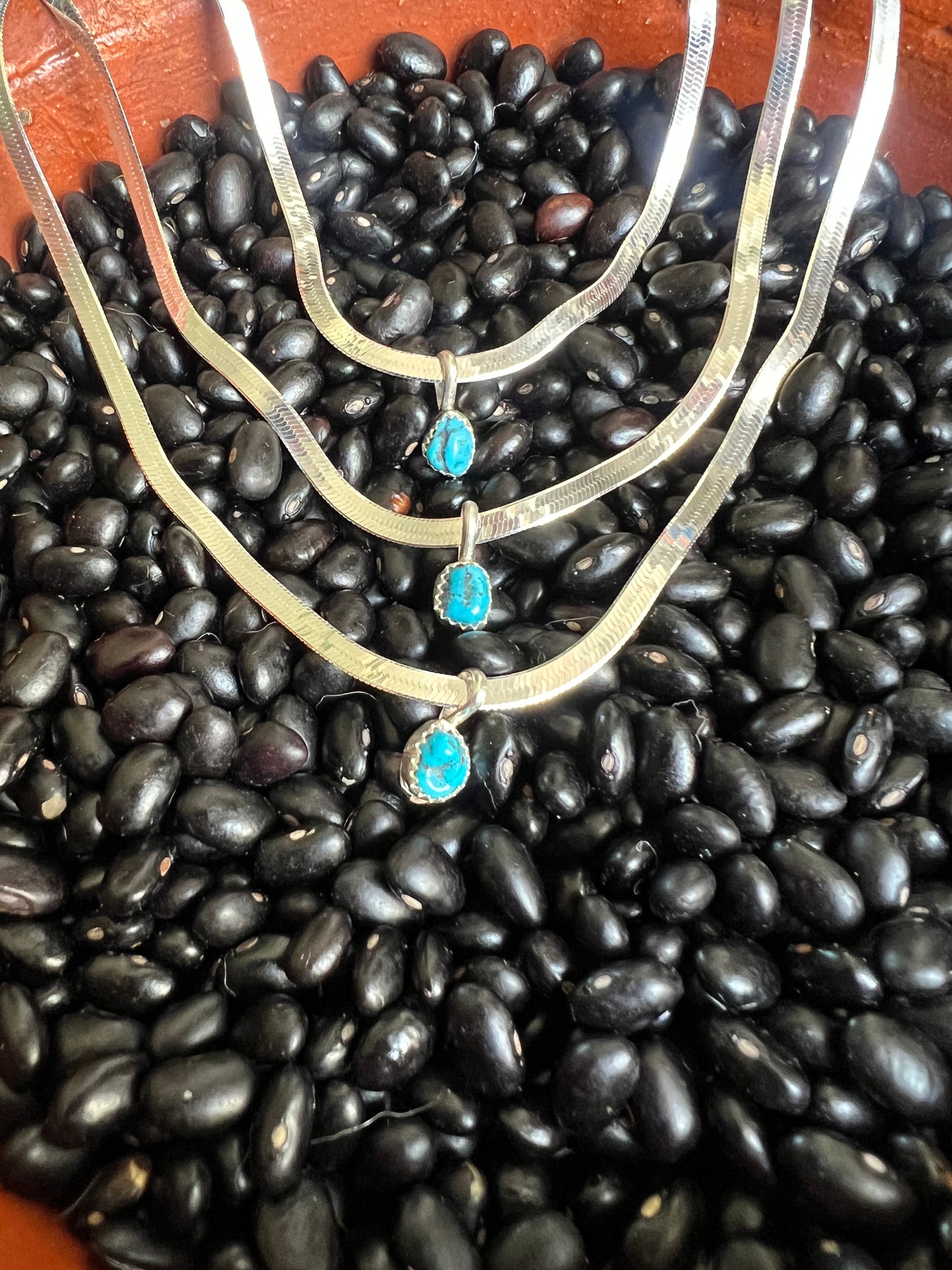 Herringbone Sterling Silver Chain with Turquoise Pendant