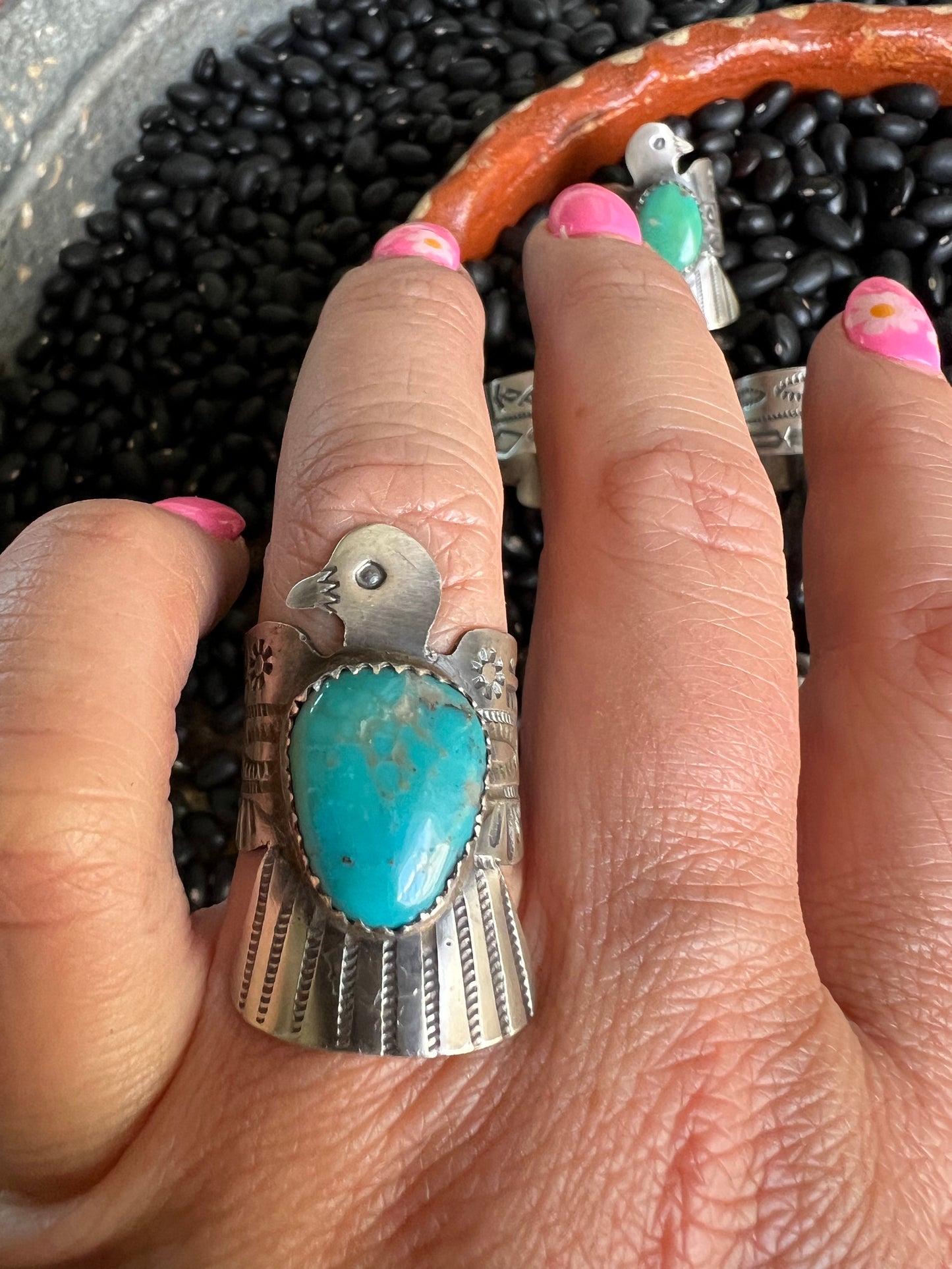 Hand stamped Turquoise thunderbird ring