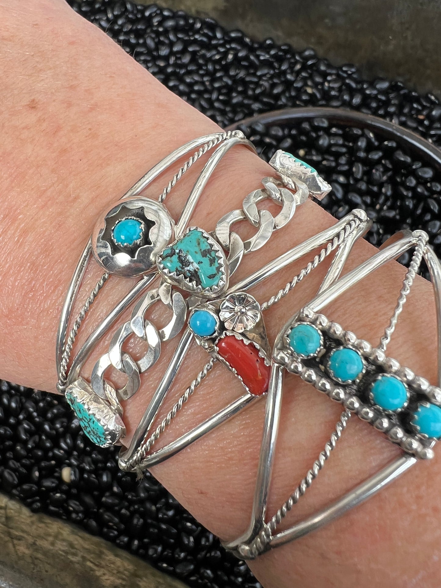 Cor al and turquoise flower Cuff
