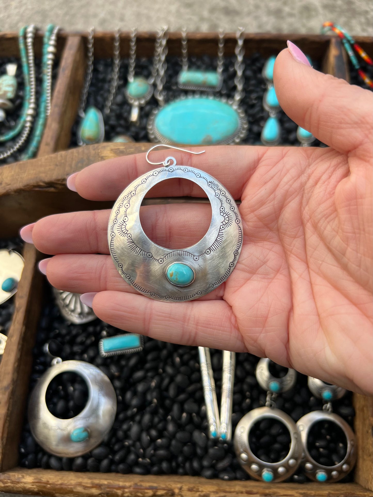 Large Sterling Silver Turquoise etched Disk earrings