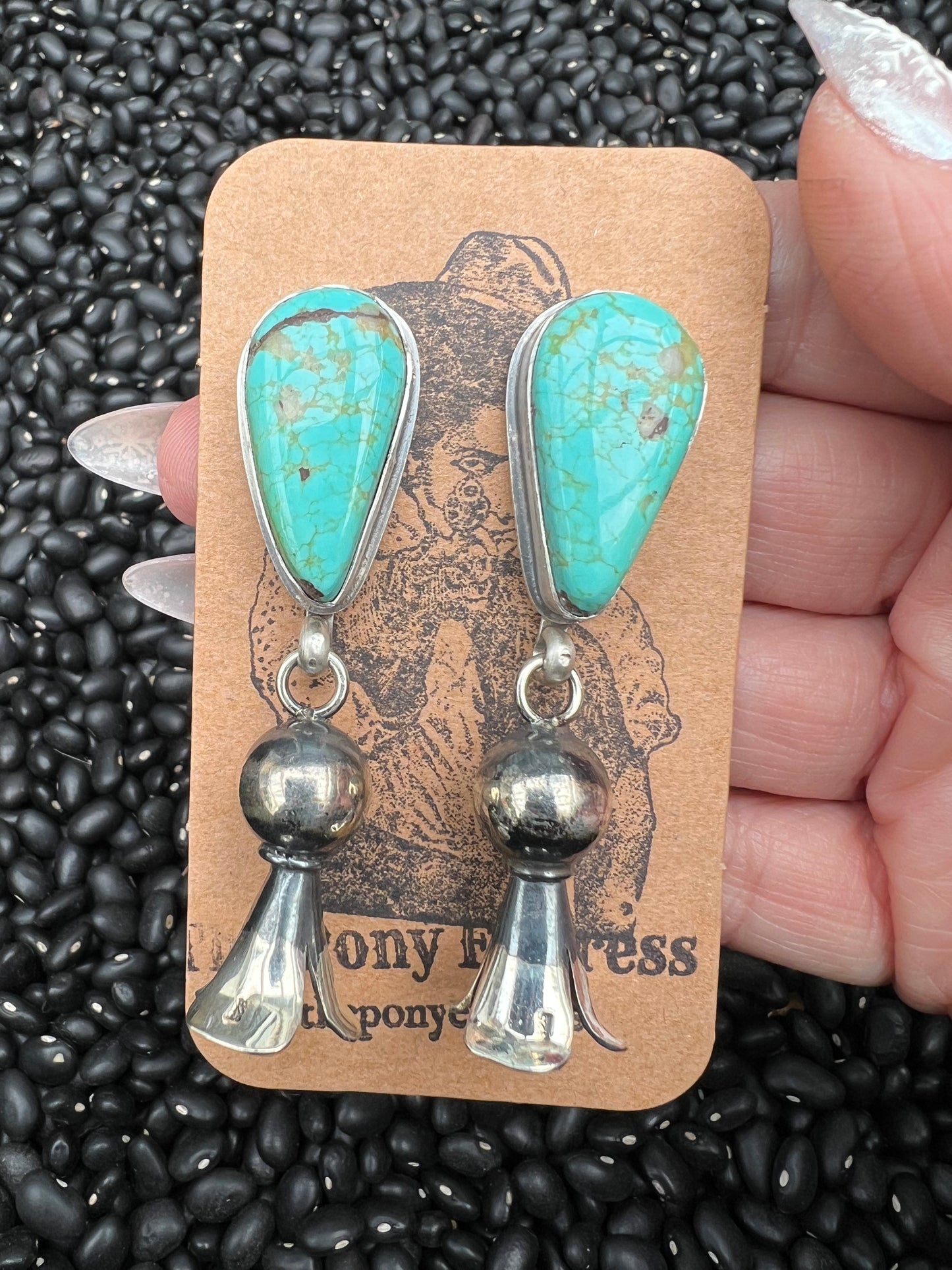 Large Turquoise earrings with squash blossom pendant dangles