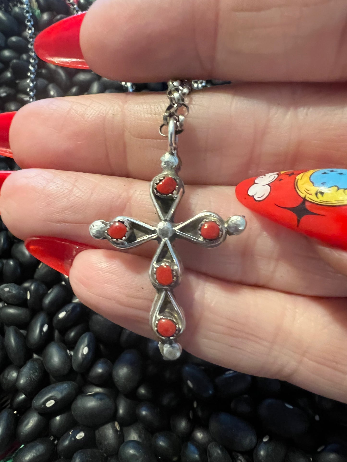 Double sided Turquoise & coral Cross Necklace