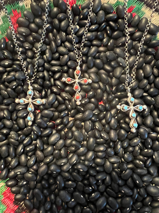Double sided Turquoise & coral Cross Necklace