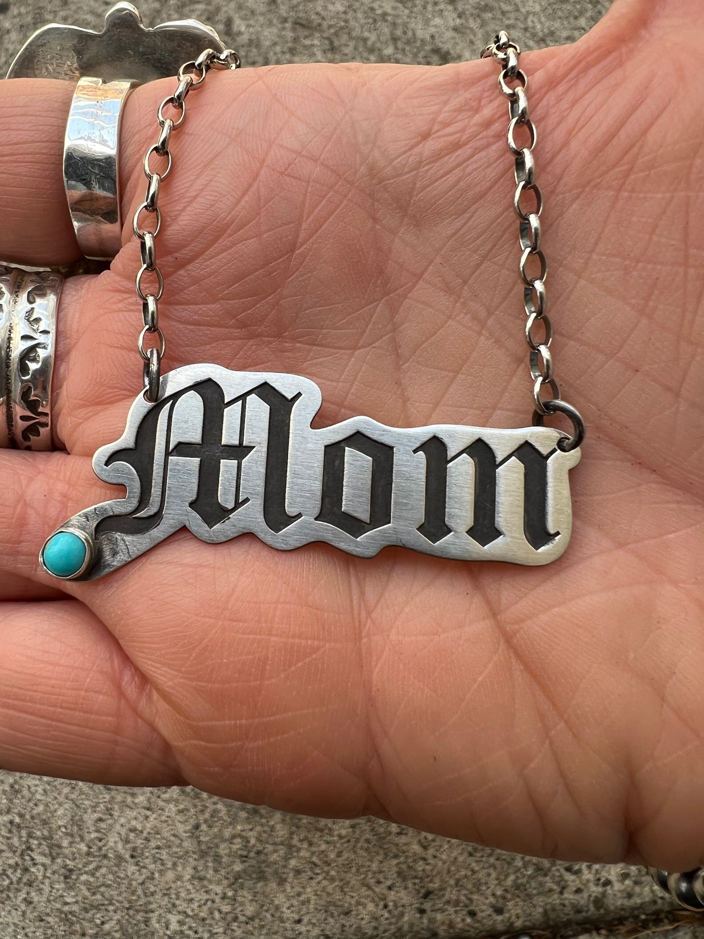 Mom Necklace Nameplate 18” sterling silver