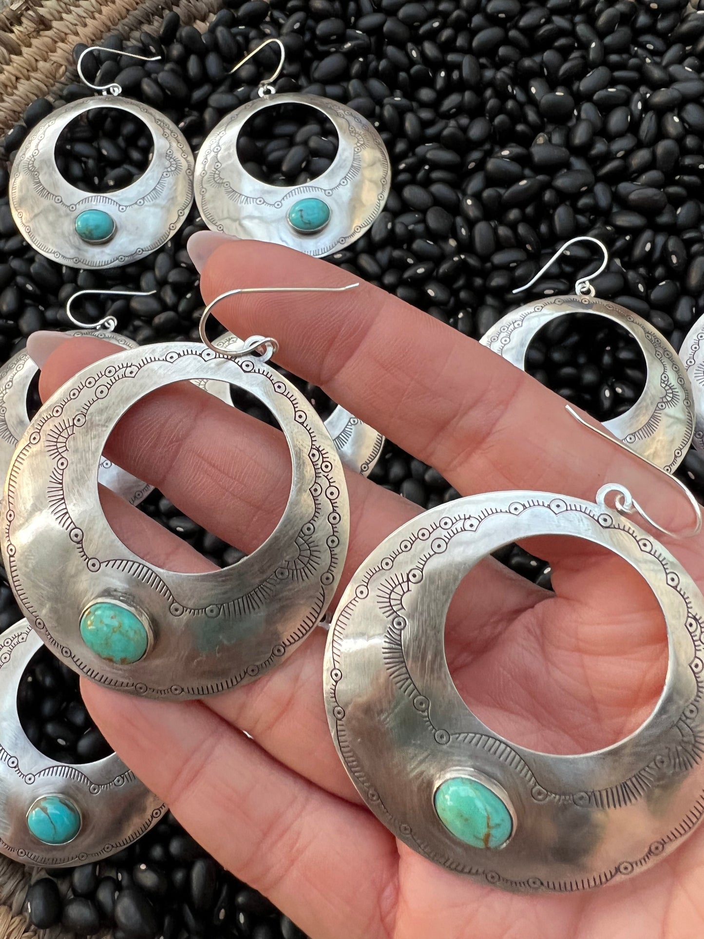 Large Sterling Silver Turquoise etched Disk earrings
