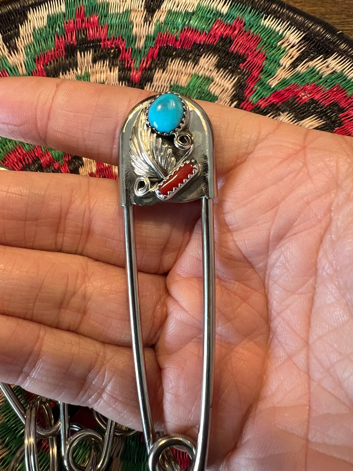 Vintage style Native American Turquoise large safety pin keychain