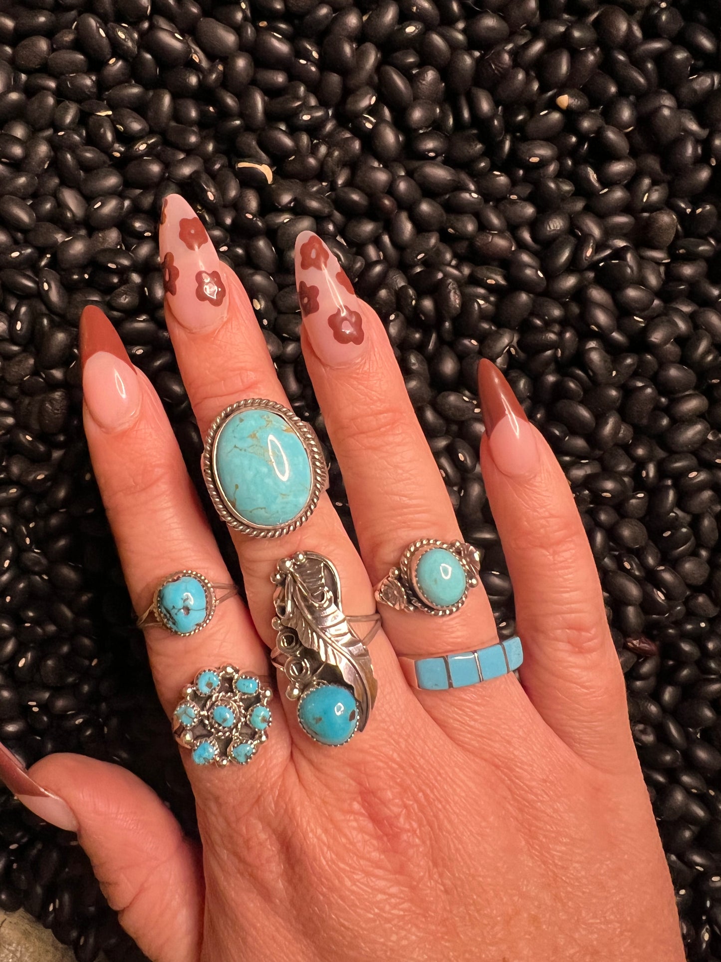 Flower Cluster Ring with genuine turquoise